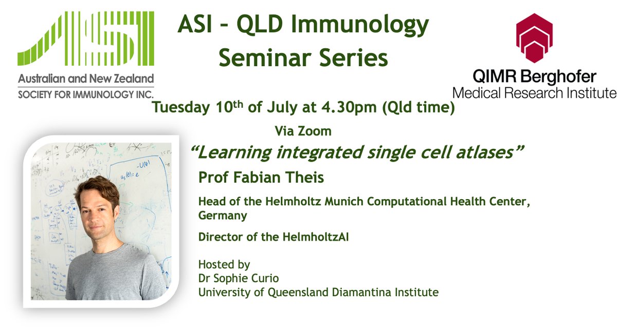 Sophie Curio (@sophiecurio) on Twitter photo We're excited to host <a href="/fabian_theis/">Fabian Theis</a> for our next <a href="/AsiQld/">ASI Qld</a> seminar series! Tune in to hear about single cell atlases next Tuesday at 4.30pm Qld time (8.30am CEST) 🤩 drop me a message if you want the Zoom link!
<a href="/NavarroSeverine/">Severine Navarro</a> @QIMRBerghofer <a href="/ASImmunology/">Australian and New Zealand Society for Immunology</a> We're excited to host <a href="/fabian_theis/">Fabian Theis</a> for our next <a href="/AsiQld/">ASI Qld</a> seminar series! Tune in to hear about single cell atlases next Tuesday at 4.30pm Qld time (8.30am CEST) 🤩 drop me a message if you want the Zoom link!
<a href="/NavarroSeverine/">Severine Navarro</a> @QIMRBerghofer <a href="/ASImmunology/">Australian and New Zealand Society for Immunology</a>