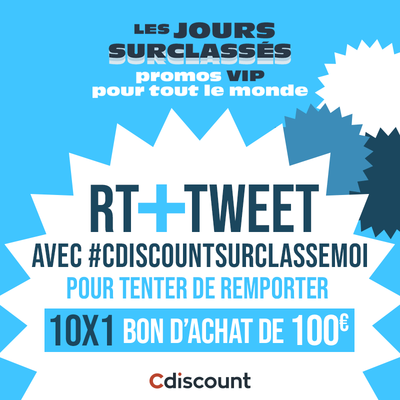 Cdiscount's tweet image. 🎁 #Concours  - Les Jours Surclassés

1 Bon d'achat de 100€ à gagner, pour 10 d'entre vous !! 

Pour tenter votre chance ?
✔️ RT + TWEET #CdiscountSurClasseMoi
🍀 TAS le 12/07 à 12.00