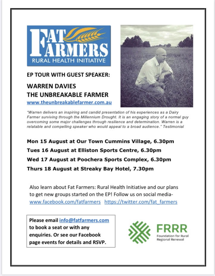 Thanks to <a href="/FRRR_Oz/">FRRR</a> we are delighted to be bringing these events to the EP in August! 
#fatfarmers #ruralhealthinitiative