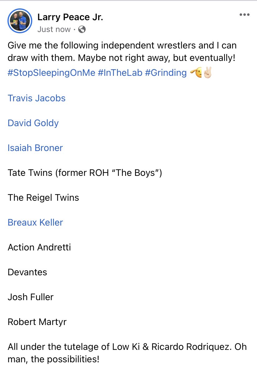 RefLarryPeace's tweet photo. Give me the following independent wrestlers &amp; I can draw with them. Maybe not right away, but eventually!

@IsaiahBroner 

@TheTravisJacobs 

@thedavidgoldy 

@BreauxKeller 

@DevantesPW 

@TateTwinBrandon &amp; @TateTwinBrent 

@TheRiegelTwins 

#StopSleepingOnMe #InTheLab 🫡✌🏻 https://t.co/rxB0pSFkGo