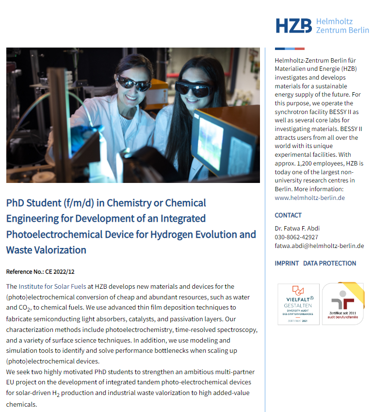 fatwafirdaus's tweet photo. We have two #PhD student vacancies in our group to work in an EU project on #photoelectrochemical #hydrogen generation and waste valorization. Details and link to apply below.
https://t.co/cIZLILjTPX

@SolarFuels_HZB @HZBde https://t.co/bKrJuGskKC