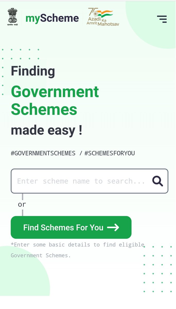 Finding government schemes has now been made super easy!

Login to myscheme.gov.in, the National one-stop search & discovery platform for #governmentschemes.

#IndiasTechade  #SchemesForYou #myScheme 

Courtesy: @GoI_MeitY

@mygovindia @MeityPib @Rajeev_GoI @PIB_India