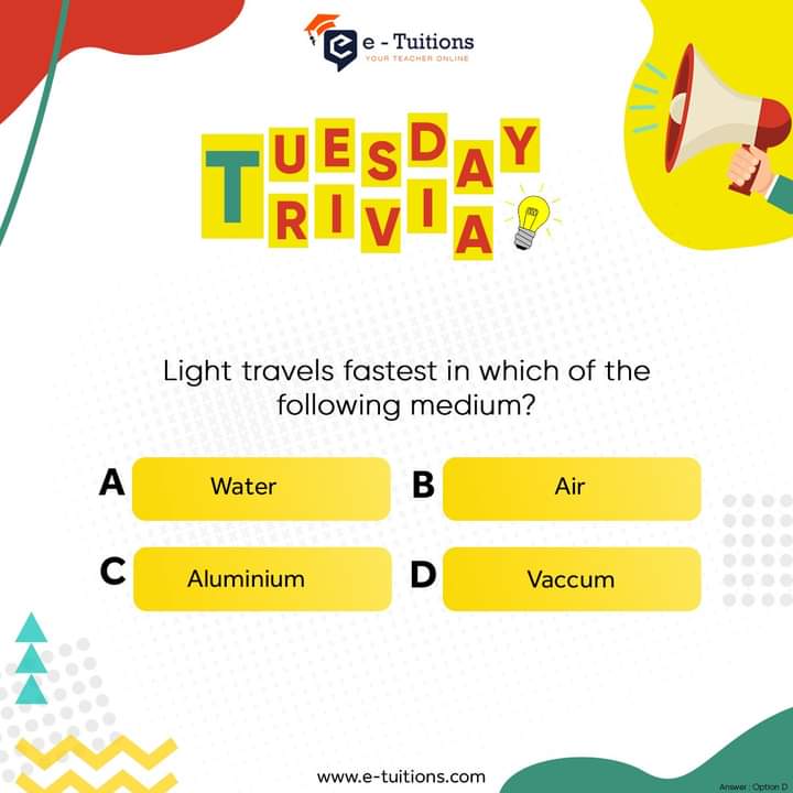 e_etuitions's tweet photo. In which of the following medium light travels fastest? 💡💡

#light #lighttravel #speedoflight #trivia #tuesday  #onlinetuition #TuesdayTrivia  #etuitions https://t.co/imHbcdNw0m