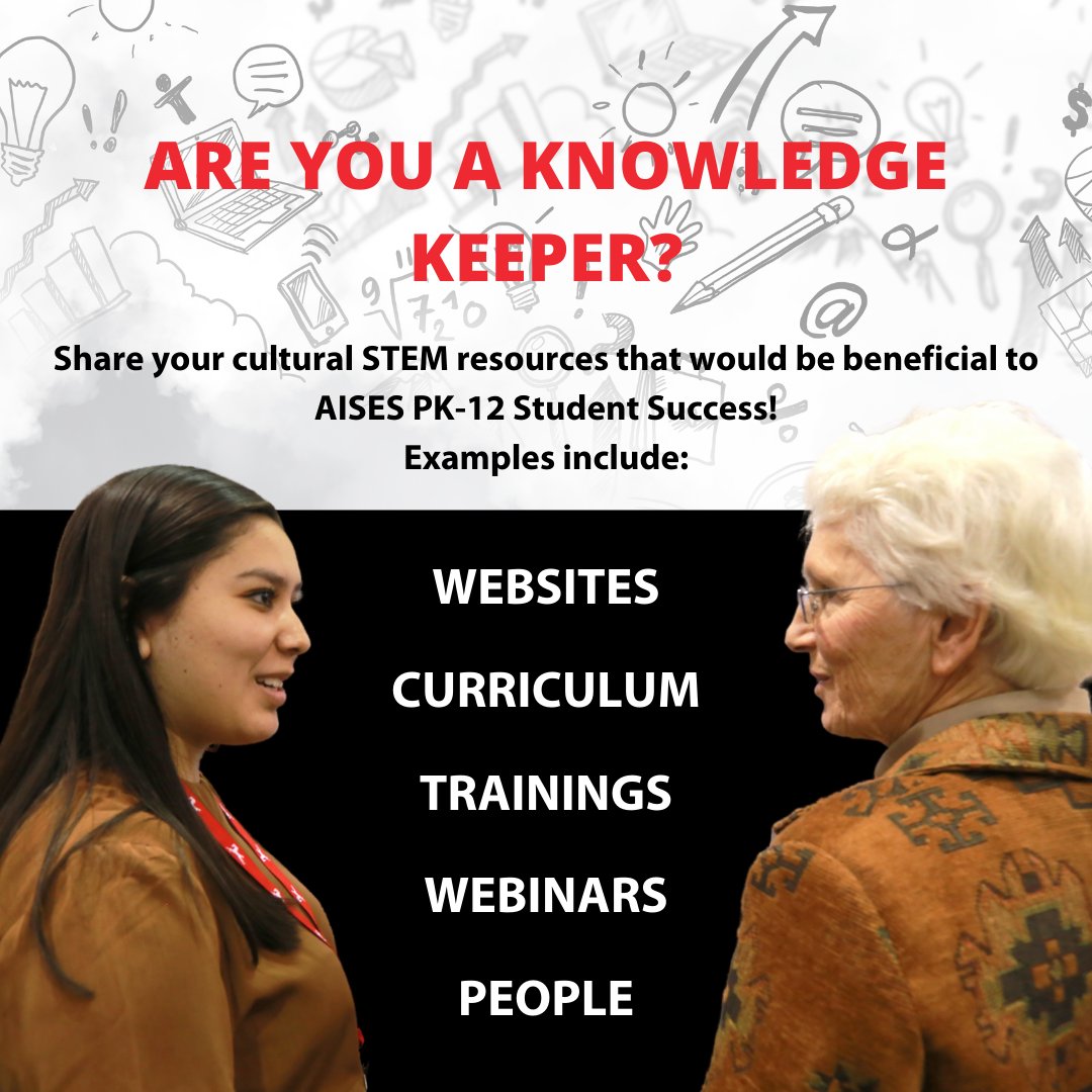 AISES's tweet photo. Do you know of a cultural STEM resource that would be beneficial to AISES PK-12 Student Success?
  
If this is you…you’re a Knowledge Keeper! We invite you to share your resources to contribute to the success of our students! Submit your resource at
https://t.co/o8zgYpGFYC https://t.co/EvcaAKmrZg