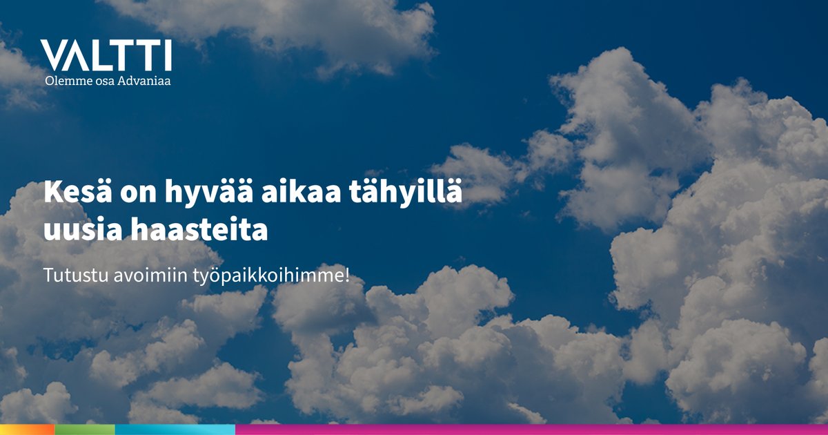 Kesä on hyvää aikaa tähyillä uusia haasteita 🎯 👀 💭

Meillä on useita mielenkiintoisia avoimia paikkoja. Jos haluat työskennellä kasvavassa ja ketterässä IT-talossa mukavien kollegoiden, uusimman teknologian ja jatkuvan kehityksen parissa, niin suuntaa: hubs.li/Q01fBN0z0