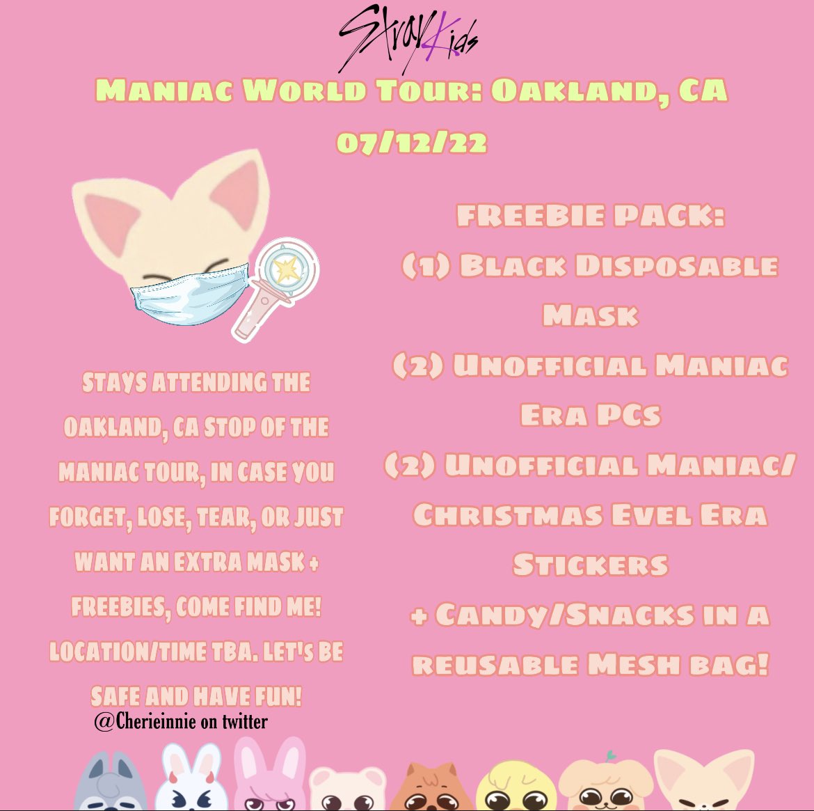cherieinnie's tweet photo. OAKLAND STAYS!
Here’s a little preview :) snacks, official mini book pc, and unofficial freebies :) (+mask!!)
I’ll be at the Main Plaza entrance by 5:00p come say hi and pick up a baggie! (100 bags while supplies last!) 🤍
#StrayKidsinOakland #StrayKids_2ndWorldTour 
#StrayKids https://t.co/Tte7394QlV