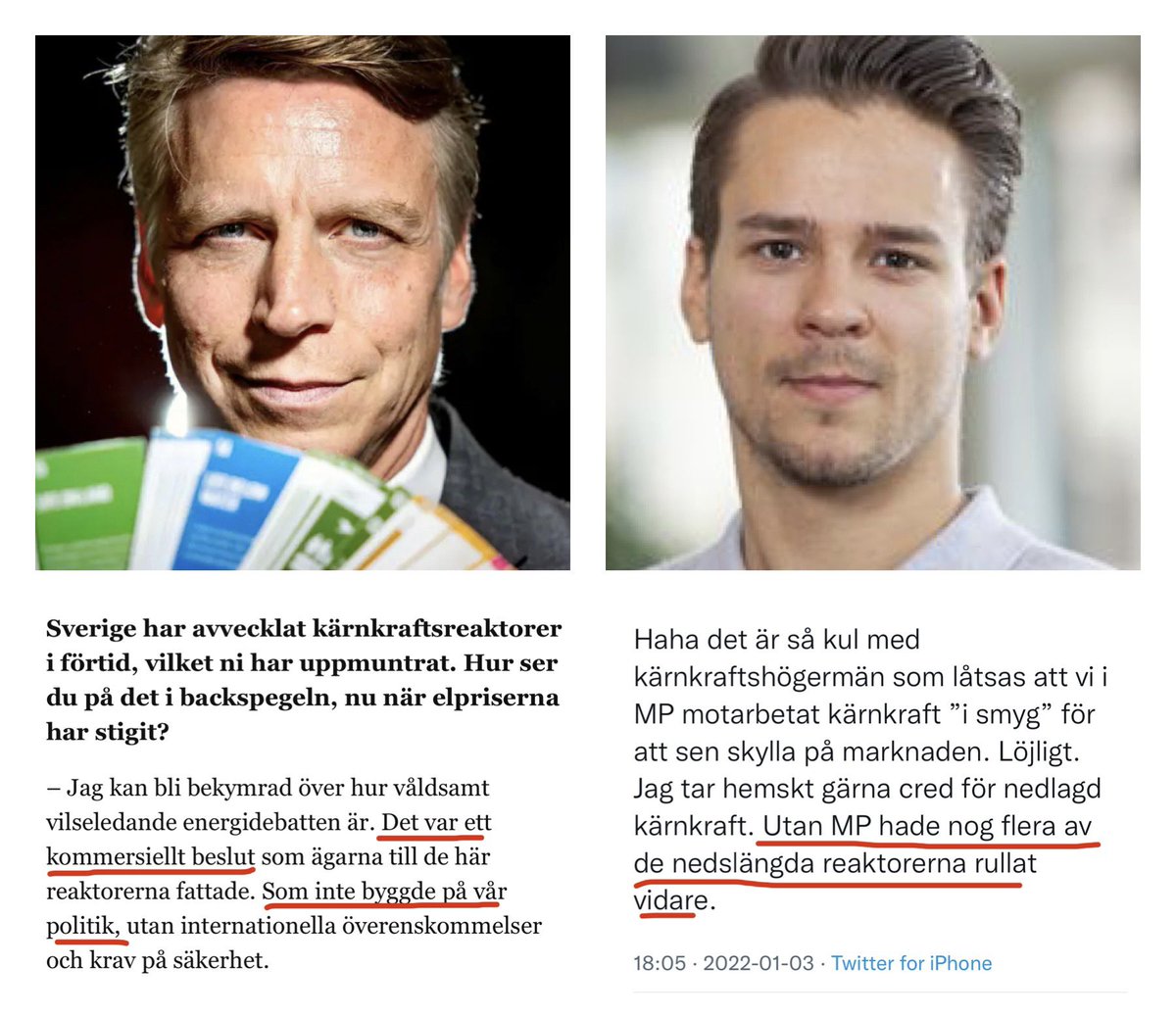 jonsson_henrik's tweet photo. MP:s språkrör förnekar i DN att hans parti tvingat fram Sveriges kärnkraftsavveckling. I januari i år tog MP-riksdagsmannen Tovatt ännu ”cred” för exakt denna avveckling. https://t.co/IvJupA1tHh