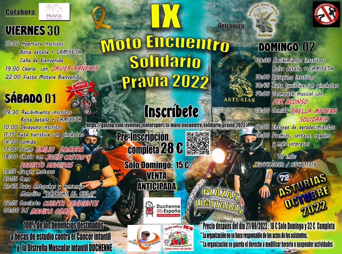 IX Moto Encuentro Solidario de Pravia! 30 sept. al 2 de octubre un fin de semana único, cargado de actividades y fin solidario, para <a href="/DPPSpain/">Duchenne Parent Project España</a> #deportevscancerinfantil y #unidoscontraeldipg 

Inscripciones anticipadas con beneficios exclusivos en Gaslap.com