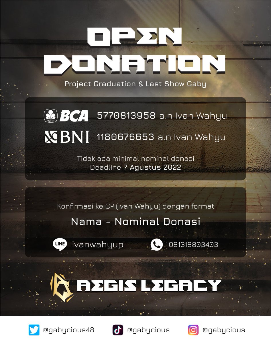 🍩 OPEN DONATION 🍩

Menjelang hari kelulusan <a href="/gabyJKT48/">meng</a> yang semakin dekat, kami mengajak partisipasi para fans untuk berdonasi demi kelancaran "Project Graduation &amp; Last Show Gaby" 👸

Tidak ada minimal nominal donasi, berapa pun akan sangat membantu

#AegisLegacy