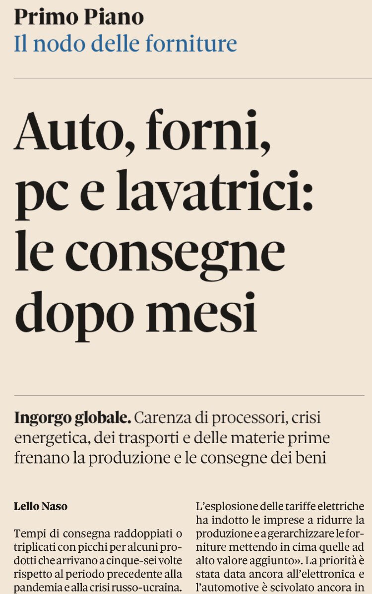 gdt62's tweet photo. Auto forni pc lavatrici (e non solo): consegne dopo mesi per l’ingorgo globale via @sole24ore 

#microprocessori #energia #materieprime #trasporti #produzione https://t.co/XVGfkEZBNO