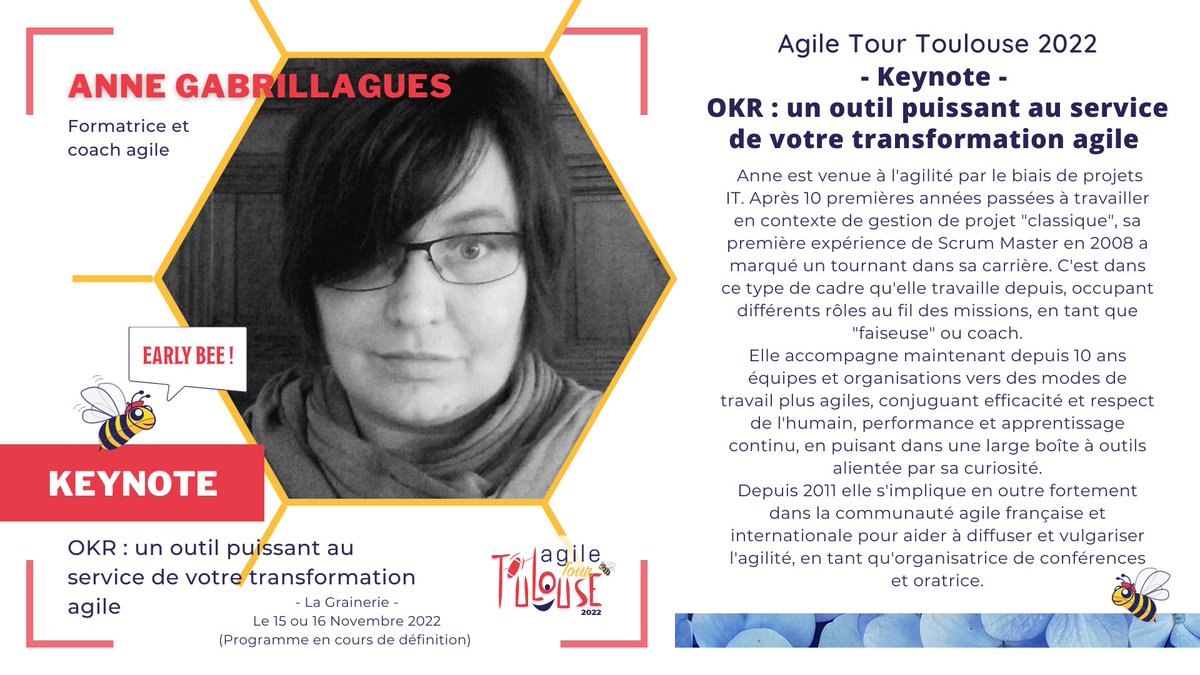 📣<a href="/agabrillagues/">Anne Gabrillagues</a> -Anne Gabrillagues- nous fera l'honneur de présenter une Keynote à l'#ATTLS22 !

🐝Formatrice &amp; coach agile

🌻Elle nous partagera son approche des OKR et son utilisation dans votre transformation agile

🎟Vos billets au tarif Early Bee²:  billetweb.fr/agile-tour-tou…