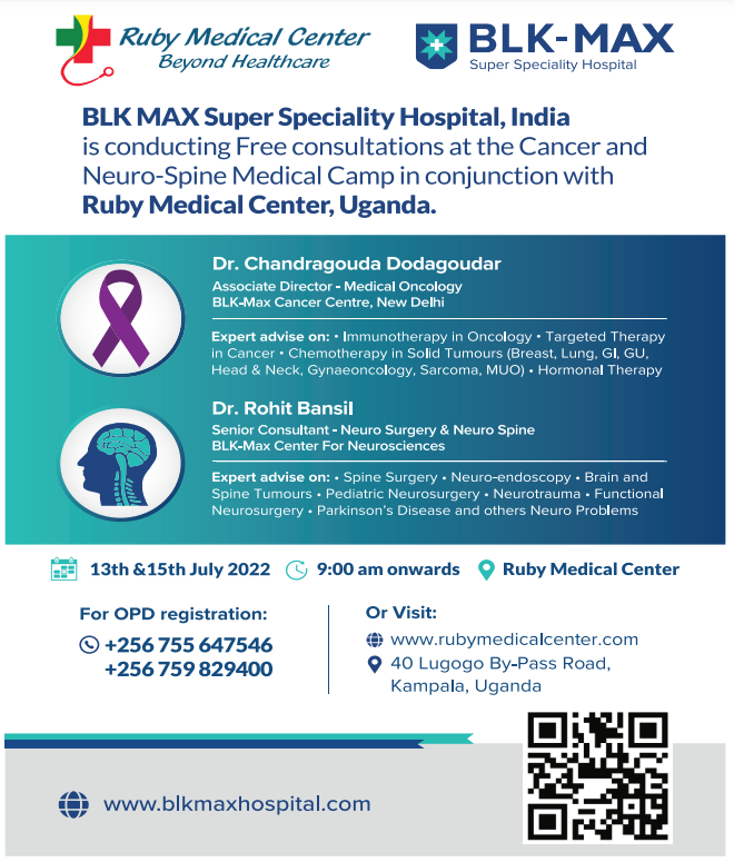 newvisionwire's tweet photo. BLK MAX Super speciality Hospital, India
Is conducting FREE consultations at the Cancer & Neuro-Spine Medical Camp in conjunction with Ruby Medical Center Uganda.
To register visit the website at: https://t.co/gJmmpHdK01
#RubyMedicalCenter https://t.co/zuIWApjaJt