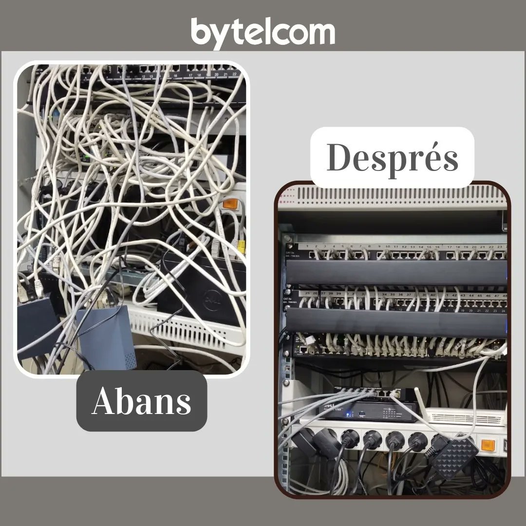 bytelcom's tweet photo. El abans i després 😍

No fem reformes però a vegades ho sembla!❗️
El cablejat de xarxa ordenat provoca: 
🔴 rapidesa a l'hora de compartir arxius 
🔴 no fa mal d'ulls 
🔴 menys talls 

#bytelcom #digitalització #digitalizacion #negocio #solucions #catalunya #tic #negoci#bytelcom https://t.co/bx00ilN7BS