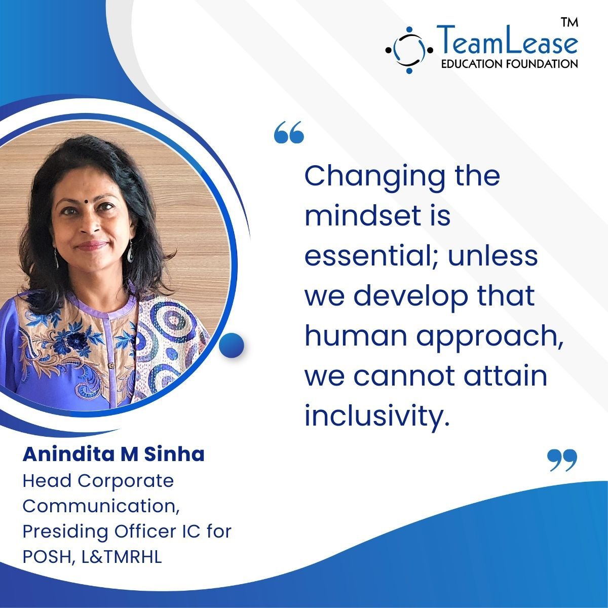 TLEFoundation's tweet photo. Anindita M Sinha, Head Corporate Communication, Presiding Officer IC for POSH, @ltmhyd talked about #breakingthebiases on the basis of #gender and bringing inclusivity to the workplace.
#CSRleaders #womeninCSR #skilldevelopmentinindia #webinarseries #talkshow #upskillingwomen https://t.co/Oh8tjif5q2