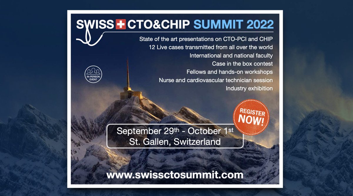 📅 Save The Date! The 3rd edition of Swiss CTO & CHIP will take place from September 29th to 30th in St Gallen (Switzerland) ➡ swll.to/swiss-cto-chip… #SWISSCTOSUMMIT2022 #SWISSCTOANDCHIP #CTO #CHIP #cardiology #PCI @swissCTO @dantheman6559