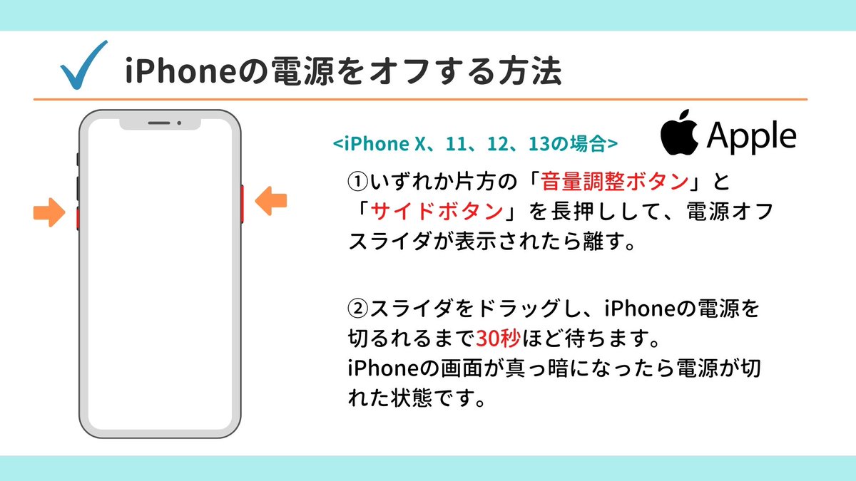 howto_iPhone3's tweet image. 電源オフの方法を知っておこう！
iPhoneって毎日充電して使うものだから、電源を自主的に切ったことないって方もいるのではないかと思います。万が一、iPhoneがフリーズして動かない場合の簡単な対処法の１つがiPhoneの再起動♪困った時は試してみてください！#iPhone #iPhone使い方基礎 #SD