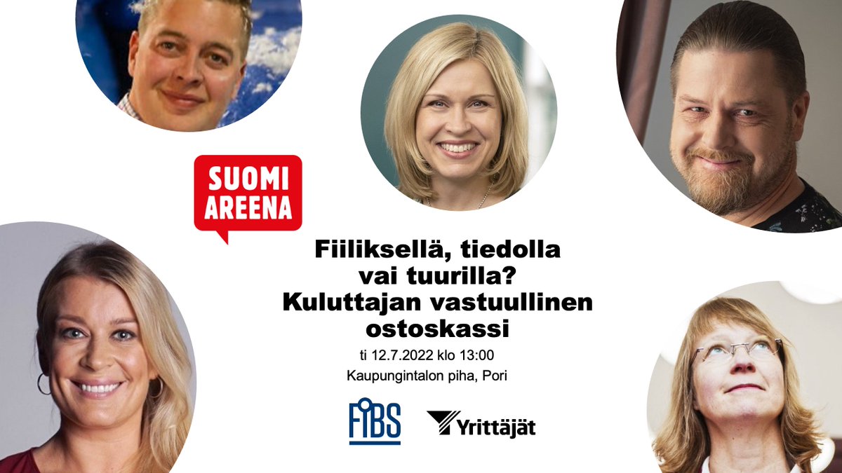 Olemme tänään #SuomiAreena'ssa @FIBSry &amp; <a href="/suomenyrittajat/">Suomen Yrittäjät</a> kanssa pohtimassa vastuullisten valintojen tekemistä. Mistä kuluttaja tunnistaa viherpesun ja oikeasti vastuullisen valinnan? Tule kuulolle Poriin tai seuraa online klo 13! #yritysvastuu