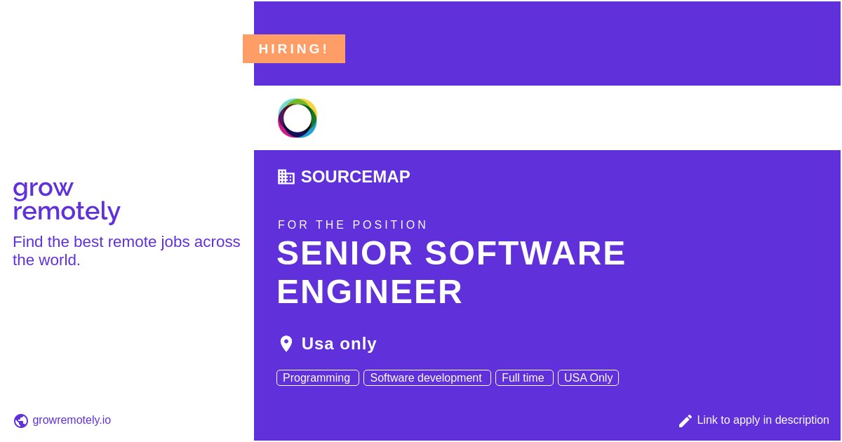 growremotelyio's tweet image. Check out this job at Sourcemap for the position Senior Software Engineer.
Apply link: growremotely.io/?id=62ccbbeecb…
#hiring #remotejobs #Sourcemap #Programming