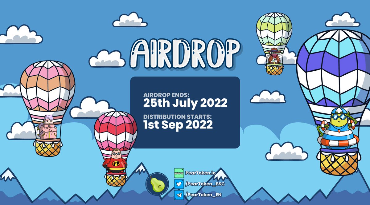 🍐🌈The Pear Token Airdrop is LIVE! 📣🥳🎊🎉

🍐Reward: 10K PEAR ($2.7)
🍐Referral: 100K PEAR ($27) for the top 50 referrers each
🍐📍Start the airdrop bot: t.me/PearTokenAirdr…
⏰ Airdrop end: 25th July
🛎Distribution: 1st September
#pear #bsc #meme #bnb #Bitcoin #Airdrops