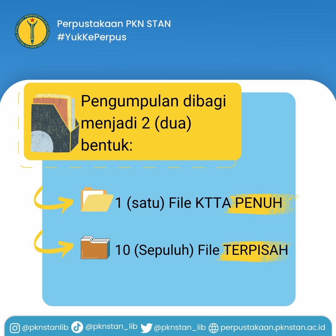 pknstan_lib's tweet photo. Hai Sobat Perpus 🙌🏻
Penyelesaian dan pengumpulan KTTA adalah kewajiban yang harus dipenuhi oleh mahasiswa sebagai salah satu prasyarat untuk dapat mengikuti yudisium dan dinyatakan lulus dari program pendidikan PKN STAN. Bagaimana ketentuannya? Yuk pahami lebih lanjut 😉 https://t.co/5aVJd3aOgD