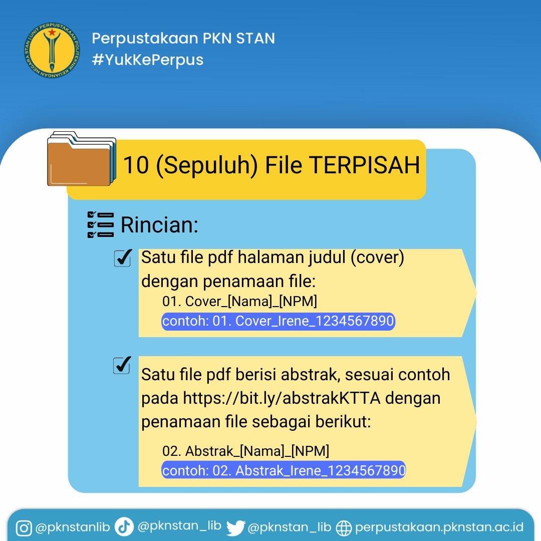 pknstan_lib's tweet photo. Lalu bagaimana dengan ketentuan 10 (sepuluh) file terpisah? 
Here we go 🚀

@pknstanid 
#KTTA #PerpustakaanPKNSTAN #PKNSTANLibrary #PKNSTAN https://t.co/oNqaJ4gSfQ