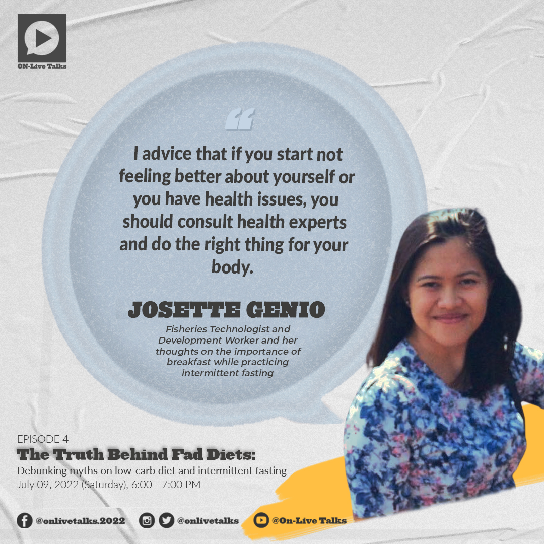 OnLiveTalks's tweet photo. Mula sa panayam kay Ms. Josette Genio patungkol sa kahalagahan ng breakfast while on IF program,mula sa pang-apat na episode ng ON-Live Talks Season 2, The Truth Behind Fad Diets: Debunking myths on low-carb diet and intermittent fasting. #faddiet #intermittedfasting #lowcarbdiet https://t.co/nmh58k1ZyP