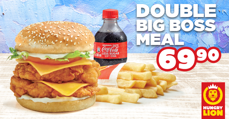 hungrylion's tweet photo. Hi, niphi? 😎 Have you tried our Double Big Boss Burger Meal for R69.90? It's juicy, scrumptious, and too nice!

That's 1 Double Big Boss Burger, Regular Chips, and Drink. Tag a friend who should try this meal!

#HungryLikeALion