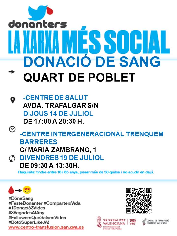 💪💪💪 Donación de sangre 💪💪💪

Jueves 14 de Julio centro de salud avda. Trafalgar de 17 a 20.30horas.

Viernes 19 de Julio Trenquem Barreres de 9.30 a 13.30 horas.