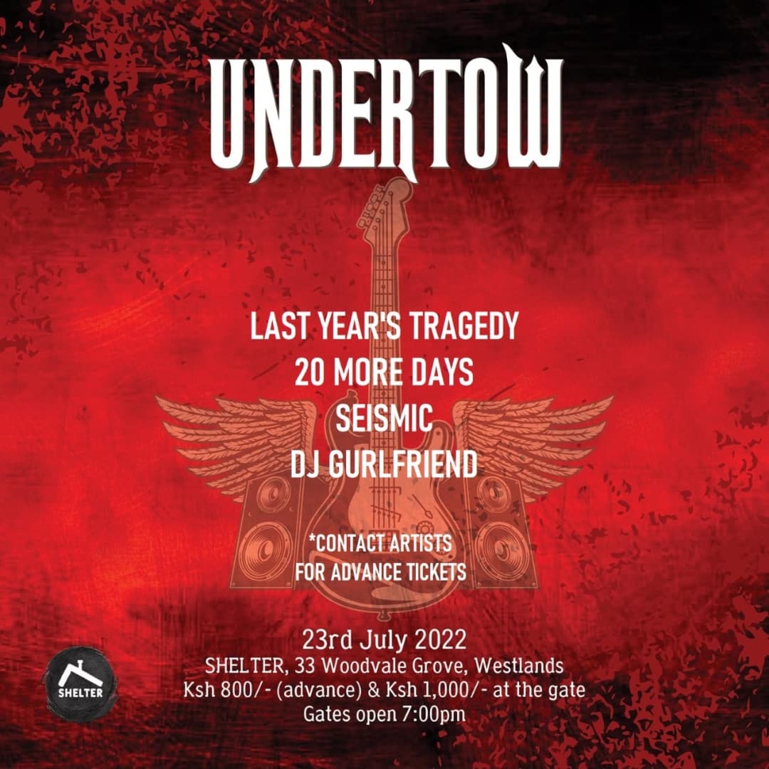 REALLY BIG SHOW HAPPENING JULY 23RD 2022

Performances by <a href="/20moreDAYS1/">20 more DAYS</a>  / <a href="/LYTband/">Last Year's Tragedy</a>  / <a href="/djgurlfriend/">Dj Gurlfriend</a>  and <a href="/KeSeismic/">Seismic</a> 

DM them for tickets

Epic stuff you shouldn't miss!!

VENUE: SHELTER KE, Woodvale Grove, Westlands