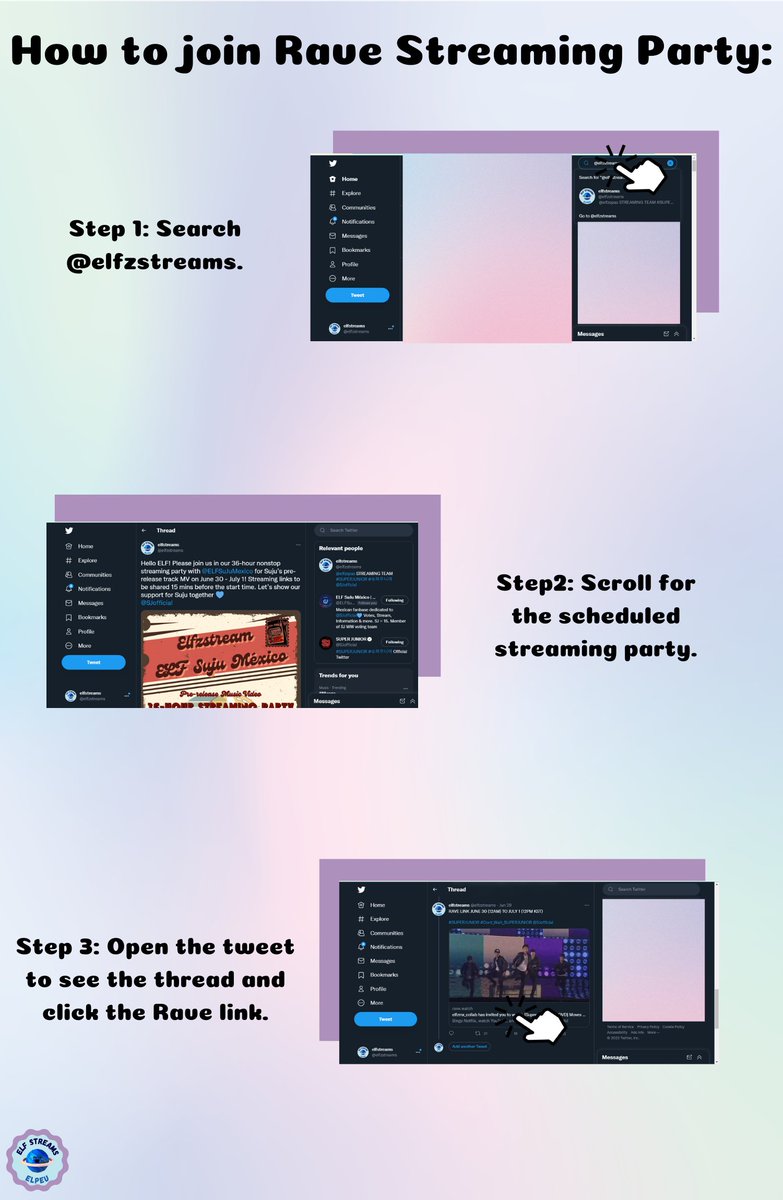 elfzstreams's tweet photo. Here’s the easy way to join our Rave streaming parties using desktop/laptop via the link we share before the start of the party ⬇️
#ELFStreamsGuide #ELFCBGuide @SJofficial https://t.co/PBUBRbTMhW