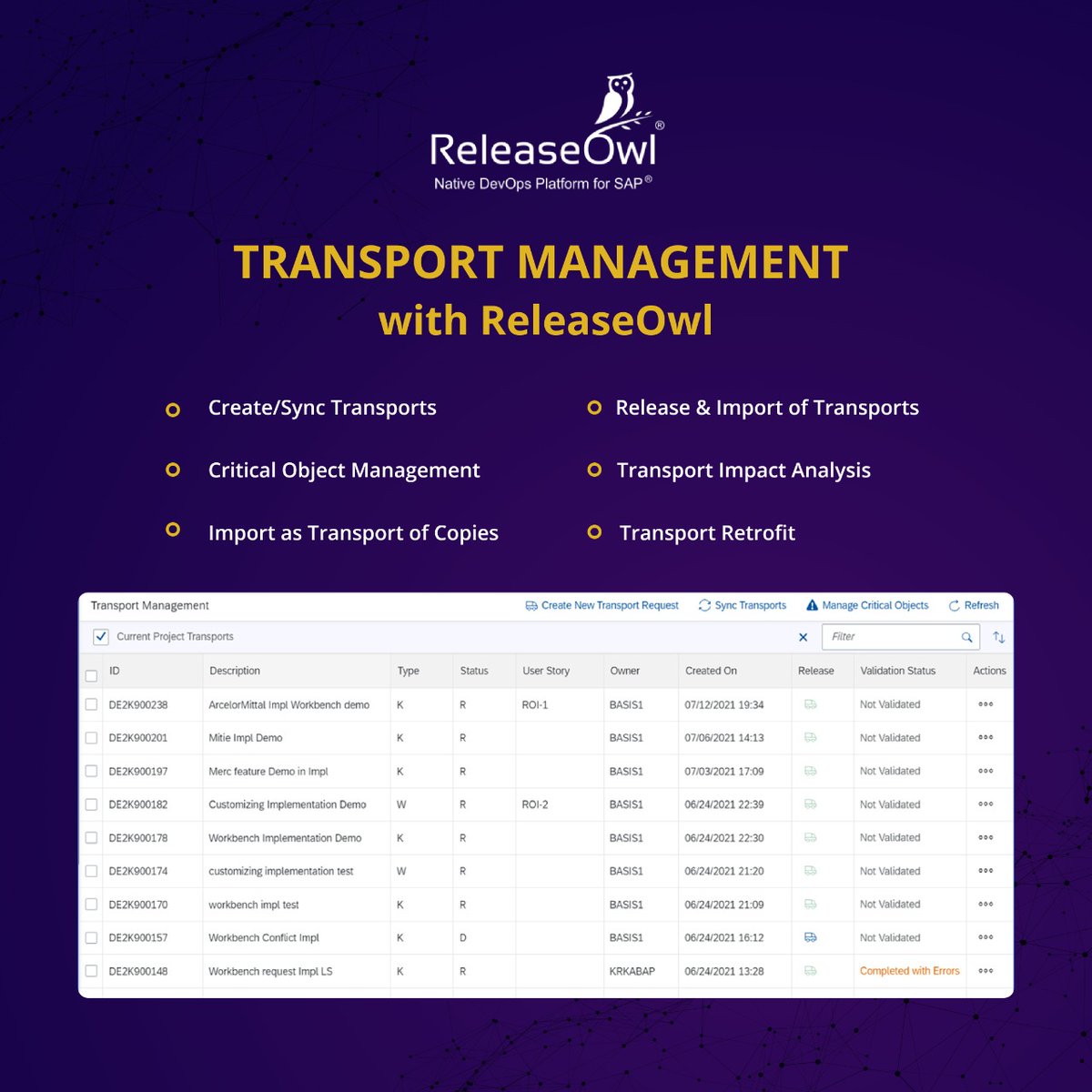 Latest Transports will be brought from the source environment of SAP landscape to ReleaseOwl. If there are changes made to the existing transports, the changes will also be updated.

Choose simplicity with ReleaseOwl!

#SAPCLOUD #saphana #hana #erp #business #saperp #SAPDevOps