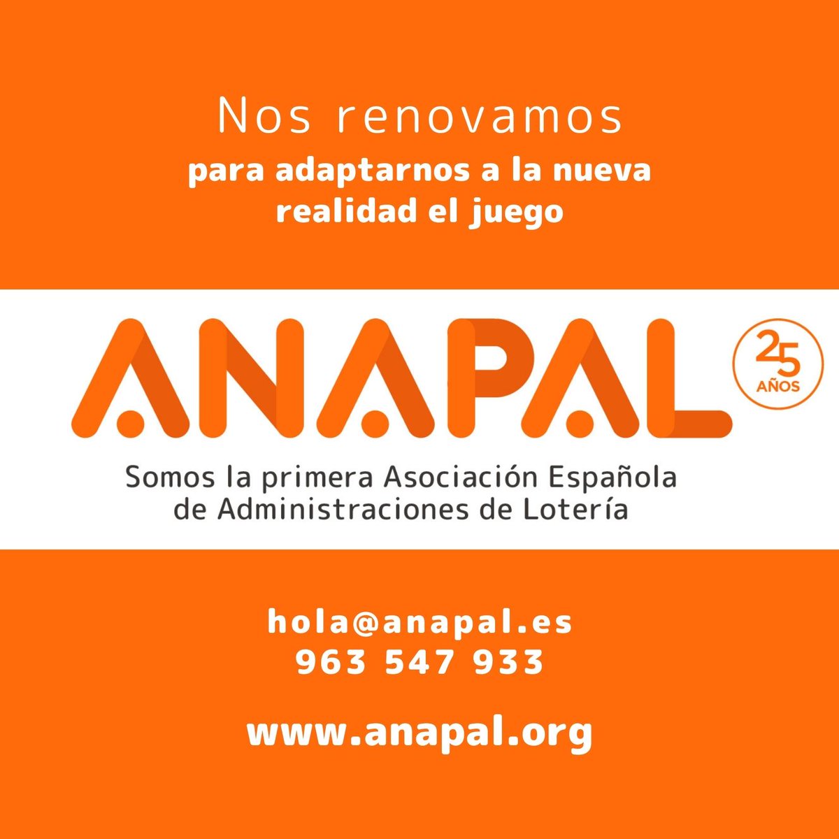loterias_anapal's tweet photo. Anapal se renueva con la misma filosofía pero un enfoque más moderno y acorde a los nuevos tiempos ✨ ¿Te gusta nuestra nueva identidad corporativa? 🧡 https://t.co/0sV9BmRq5V

#anapal #anapal_loterias #convencionloteros #loterosyloteras #SELAE #administracionesdeloteria https://t.co/t5XSHkZtEM
