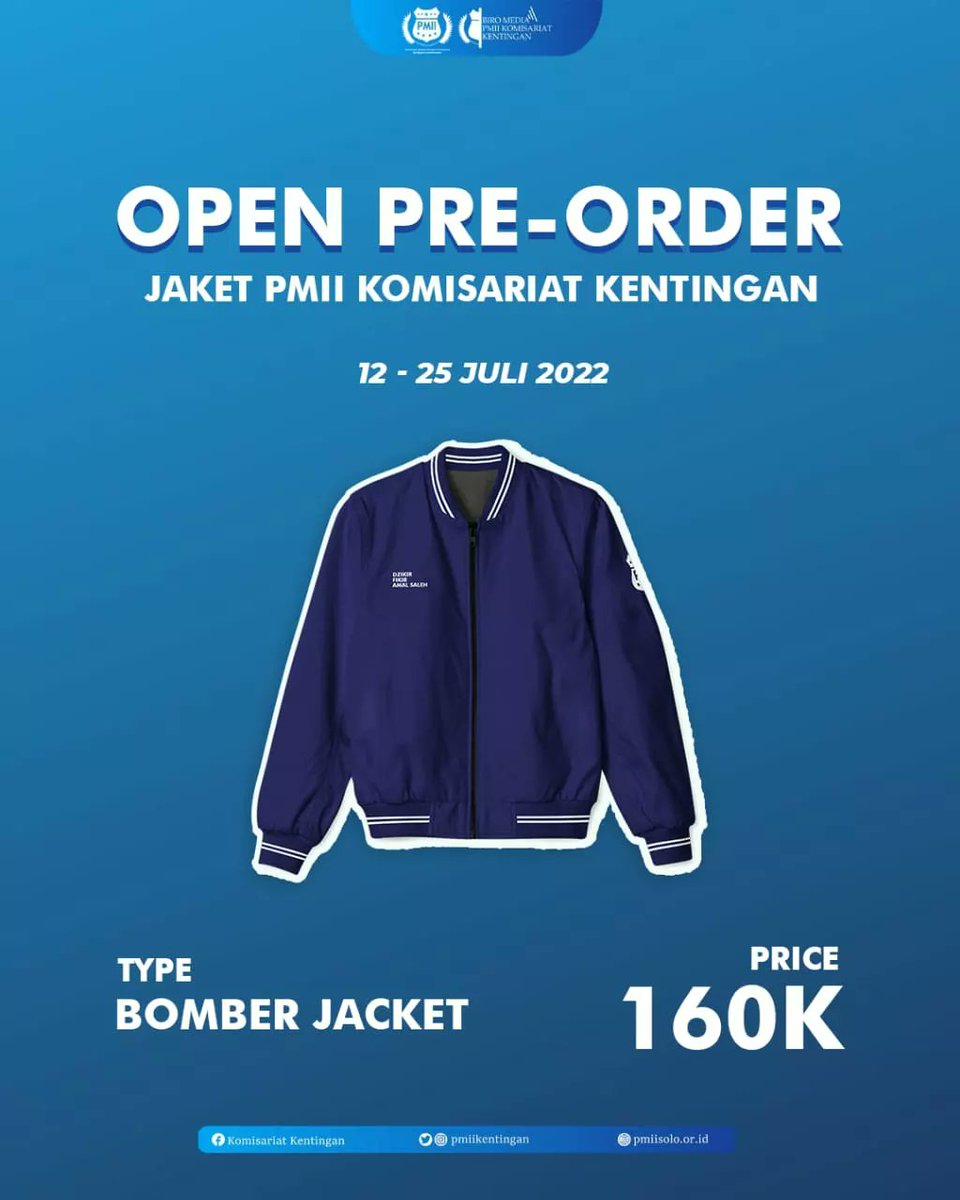PMII_UNS's tweet photo. OPEN PRE ORDER 
👔 Bomber Jacket 🧥
By LSO Kewirausahaan Komisariat PMII Kentingan

Ditunggu ordernya yaaa sahabat/i !!!
➖➖➖➖➖➖➖➖➖
Instagram: @pmiikentingan
Facebook: Komisariat Kentingan
Twitter: @PMII_UNS
Linkedin: PMII Komisariat Kentingan 
E-Mail: pmiiuns@gmail.com https://t.co/qPZh3CCYCP
