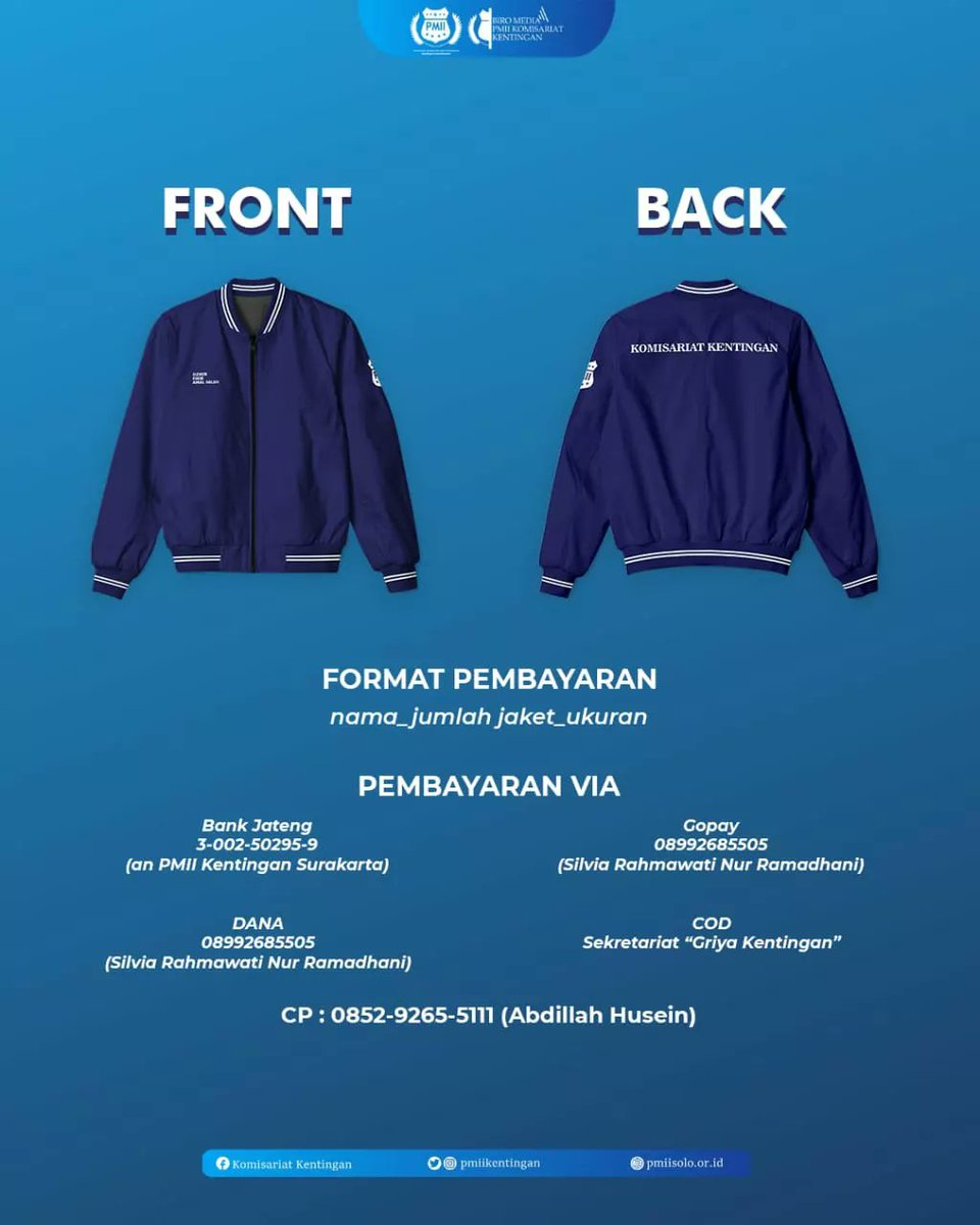 PMII_UNS's tweet photo. OPEN PRE ORDER 
👔 Bomber Jacket 🧥
By LSO Kewirausahaan Komisariat PMII Kentingan

Ditunggu ordernya yaaa sahabat/i !!!
➖➖➖➖➖➖➖➖➖
Instagram: @pmiikentingan
Facebook: Komisariat Kentingan
Twitter: @PMII_UNS
Linkedin: PMII Komisariat Kentingan 
E-Mail: pmiiuns@gmail.com https://t.co/qPZh3CCYCP