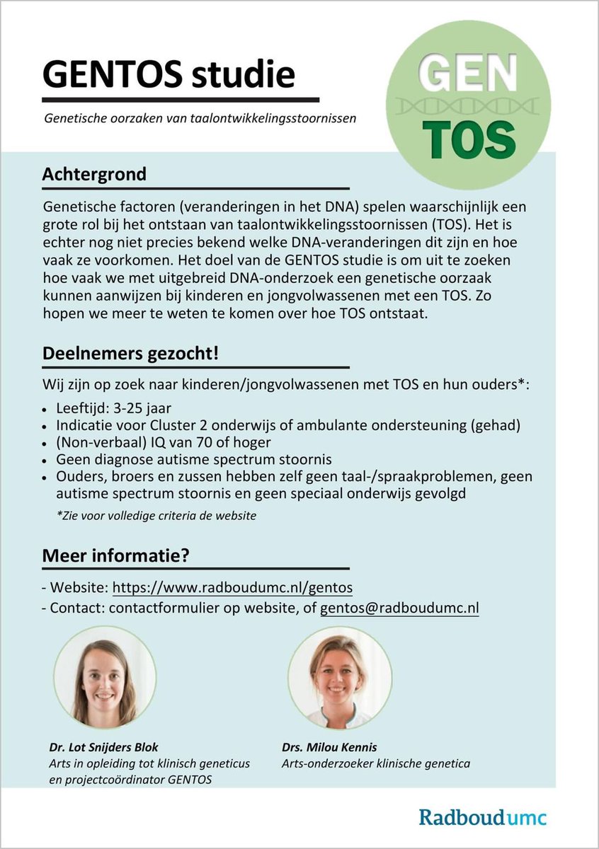 Deelnemers gezocht, voor onderzoek om meer te weten te komen over hoe TOS ontstaat!

Meer info? 👉ow.ly/b3ml50JSIiC

#taalontwikkelingsstoornis #taal