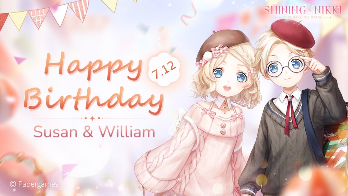 ShiningNikki_SN's tweet photo. ✨Birthday Message✨
It's July 12th, let's wish Susan and William a Happy Birthday!

Let's hope their magical journey will never end up! 

>>>Download Game: https://t.co/M8cWFeYonY

#Shiningnikki #Nikki #PromisetoYou #ShiningNikki1Year https://t.co/KnS6U6cbqP