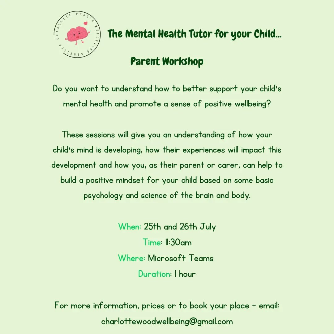 Morning all! Information is out for my first mental health support sessions. If you know any parents/carers who may be interested, let them know!
Follow me on Instagram at charlottewoodswellbeing
For my new children's mental health services 🧠💚