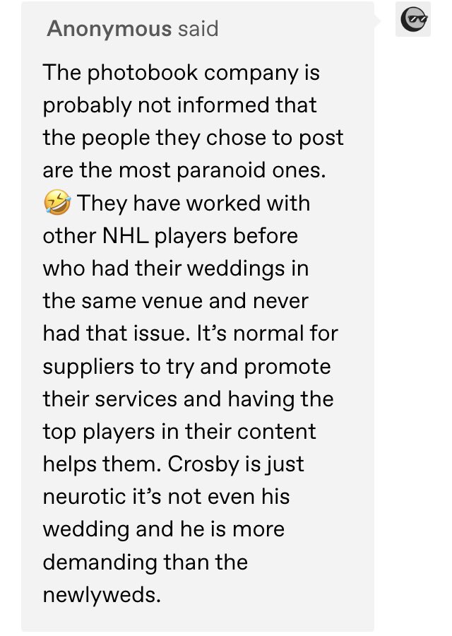 Kathy's introduction didn't last long. She's outlawed again, and Crosby got mad at the photo company. This is not counting the problems with Malkin #dramaking crosby-interesting.tumblr.com/post/689507582…