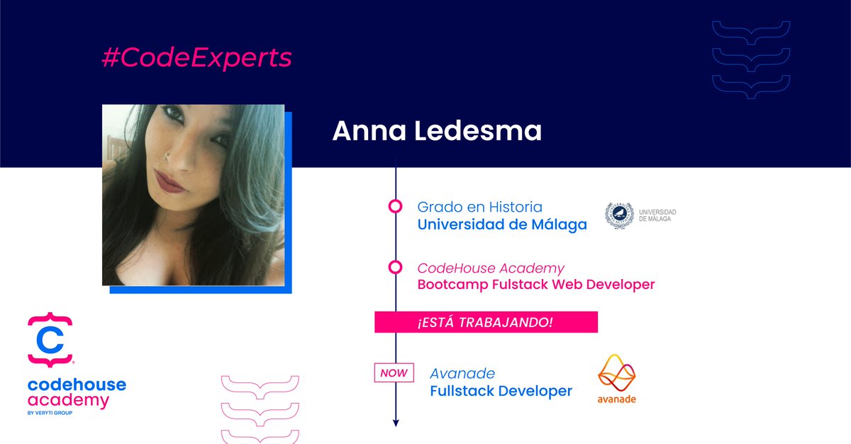 CodeHouseLearn's tweet photo. ¡Conoce a nuestros #CodeExperts! 👏
👉 Te presentamos a Anna Ledesma 👩💻 Nuestra #Fullstack Web Developer recien graduada y convertida en #Frontend Developer en @AvanadeSpain
Te animamos a que la conozcas y contactes con ella
#programación https://t.co/AyTrz88WKm