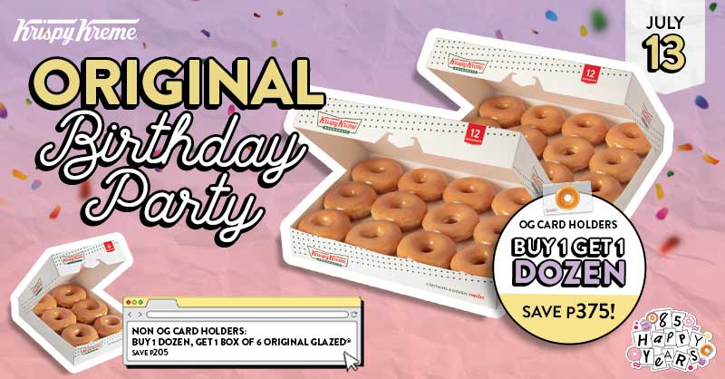 KrispyKremePH's tweet photo. Join the happiest Krispy Kreme celebration with our Original Birthday Party!

Buy 1, get 1 on Dozen Original Glazed® for OG Card holders. Buy 1 dozen Original Glazed, get 1 free Box of 6 Original Glazed® for non-OG Card holders.

See you this July 13, Originals!
