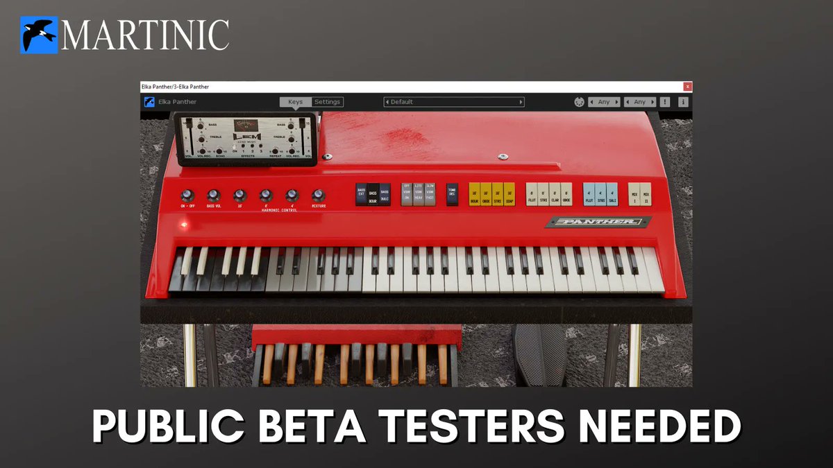 martinic's tweet image. We&apos;re looking for Beta Testers for a new version of our Elka Panther combo organ plugin instrument! Receive a fully functional copy of the plugin that expires on August 1st by signing up for free at: martinic.com/elka-panther-1… 

#BetaTesters #Martinic #SoftwareInstruments