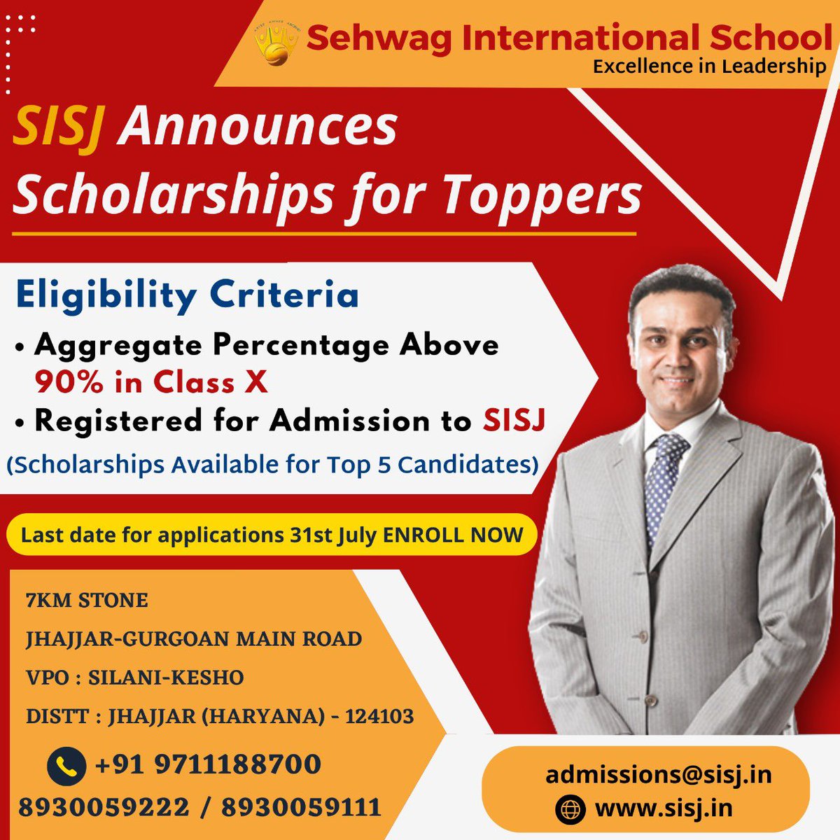 Introducing Scholarships at @SehwagSchool . Call 9711188700 or log on to sisj.in for more information.