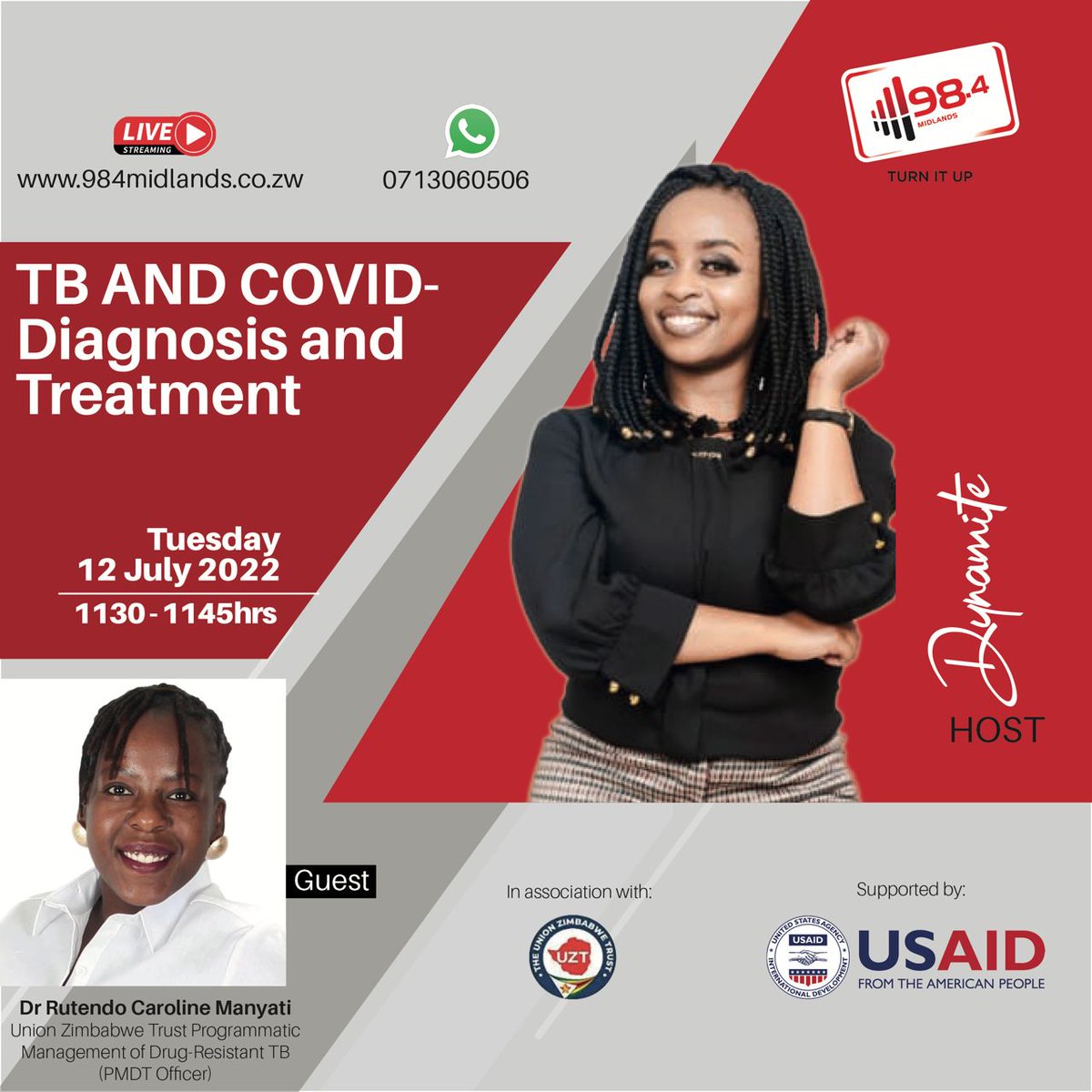 UnionZimTrust's tweet photo. Is there an intersect in the diagnosis and treatment of  #TB &amp; #COVID19? What are the differences between these 2 respiratory system related conditions? 

To know more, tune into @984Midlands this morning at 11.30 as UZT PMDT officer Dr Manyati @Doc_R_C   unpacks key concepts. https://t.co/q3iBnukxsn