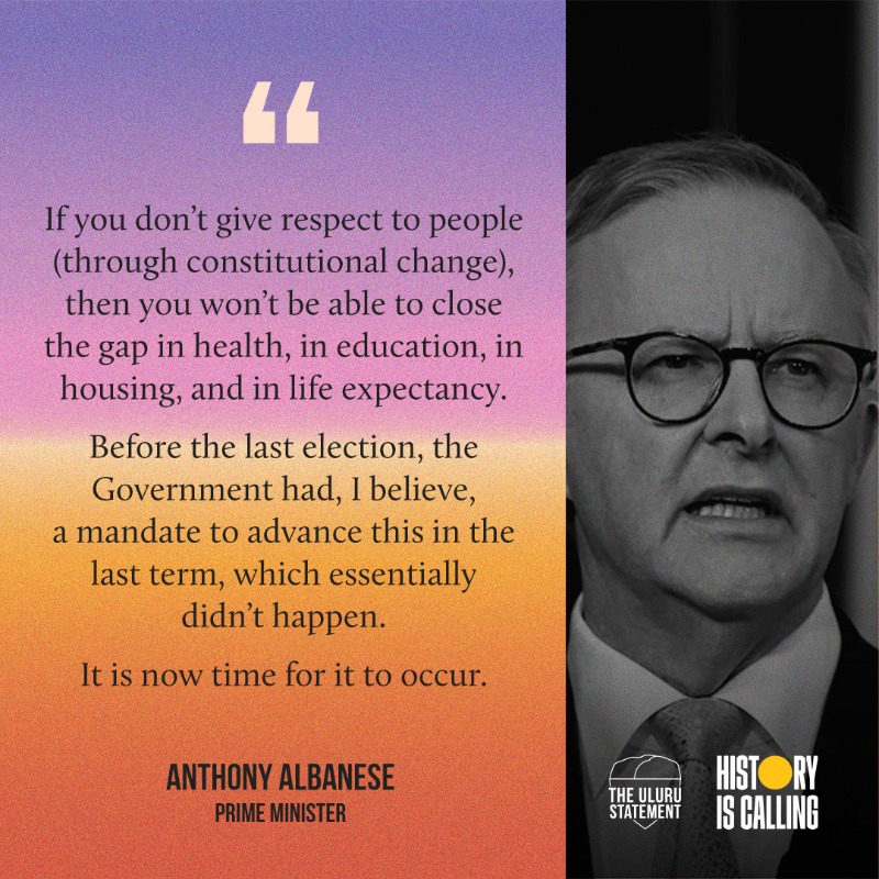 ulurustatement's tweet photo. Structural change through a constitutionally enshrined Voice to Parliament is fundamental to ensuring better outcomes for First Nations Peoples moving forward.

In the words of @albomp… It is time for a Voice to occur. Let’s get this done. 

#HistoryIsCalling