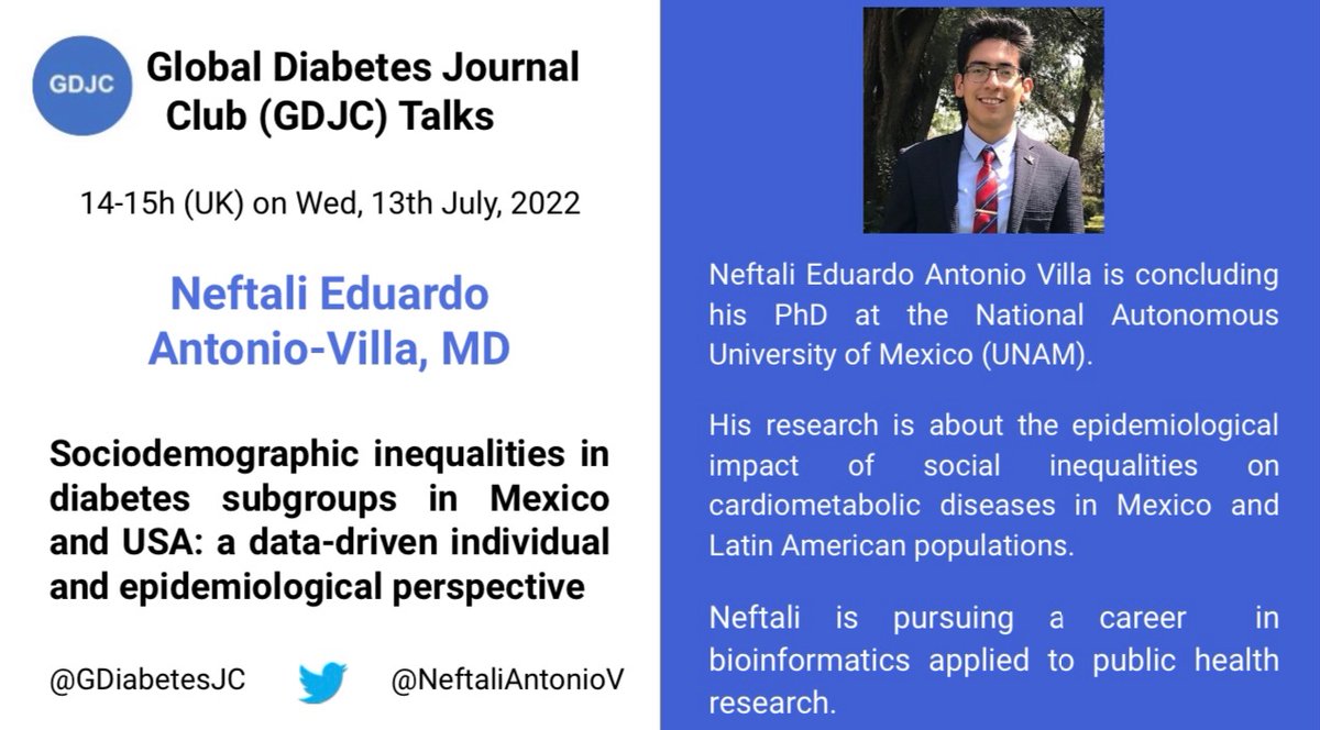 GDiabetesJC's tweet photo. 📢 Reminder: Register for tomorrow’s July #GDJC Talk by Dr Neftali Eduardo Antonio-Villa (@NeftaliAntonioV)!

🔍 Topic: The impact of social inequalities on cardiometabolic diseases in Latin America.

🗓 Time: Wed, 13th Jul, 14-15h UK time

✍️ Register: https://t.co/WWAMFfUzcW https://t.co/yoRZjVXDn7