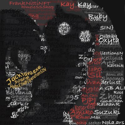 This avatar is made up of 1,000 Twitter followers' nicknames of project <a href="/operationSIN/">operationSIN</a> . Later I'll post what it looks like from the inside.

If you find yours, give me a plus sign!
<a href="/HatoETH/">Hato</a> <a href="/Jacktavo/">Jacktavo</a> 
#SINNERS #SINNERSsupportSINNERS #SINNERsinTOGHETER #SINNER