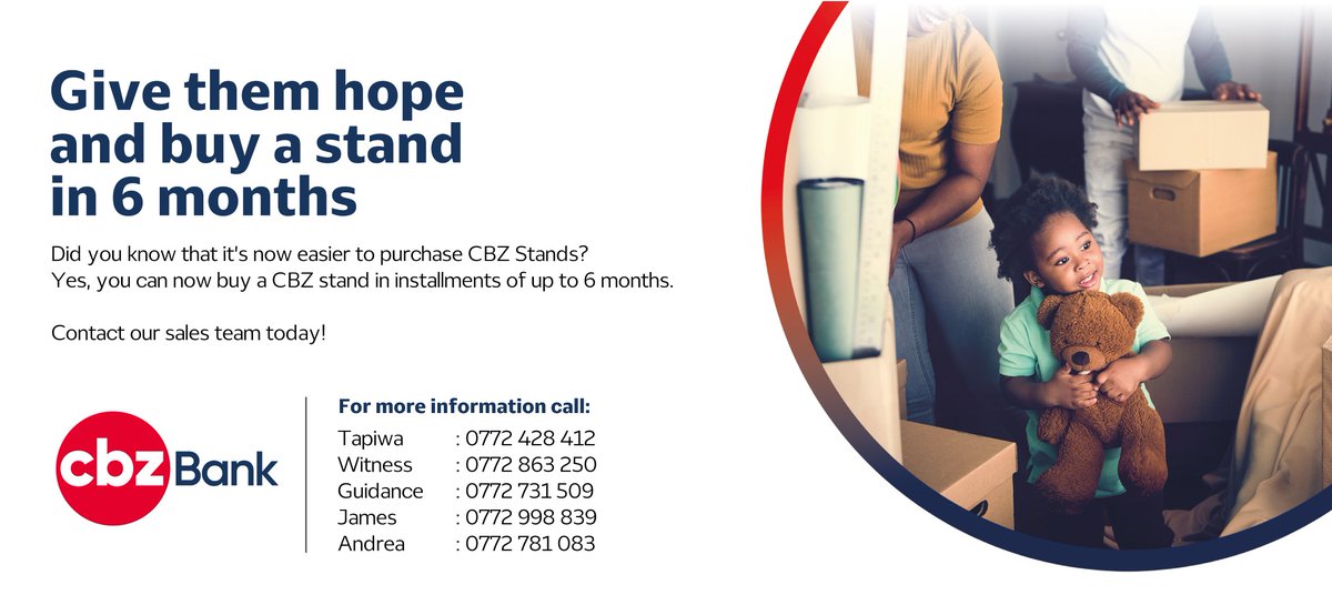 CBZHoldings's tweet photo. Yes, you can now buy a CBZ stand in installments of up to 6 months.
We have stands in  Nehosho Gweru, Mbizo Kwekwe, Good Hope and Mtausi Park Gweru.

Contact our sales team today!
#PartnersForSuccess https://t.co/Ejs33Af9xP