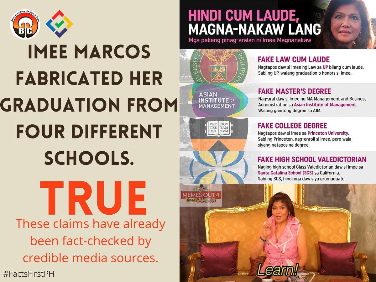 baguiochronicle's tweet photo. Imee Marcos fabricated her graduation from four different schools.

Rating: TRUE

#FactsFirstPH 

Read more: https://t.co/CR7c7C4P39 https://t.co/Yx8pWgZKP3