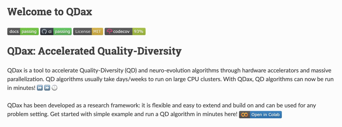 ⚡️ QDax ⚡️
We’re releasing QDax, a high-performance library to implement Quality-Diversity algorithms in #JAX. With QDax, you can run state-of-the-art evolutionary methods in minutes instead of hours 🔥bit.ly/3nWnuYk 1/3