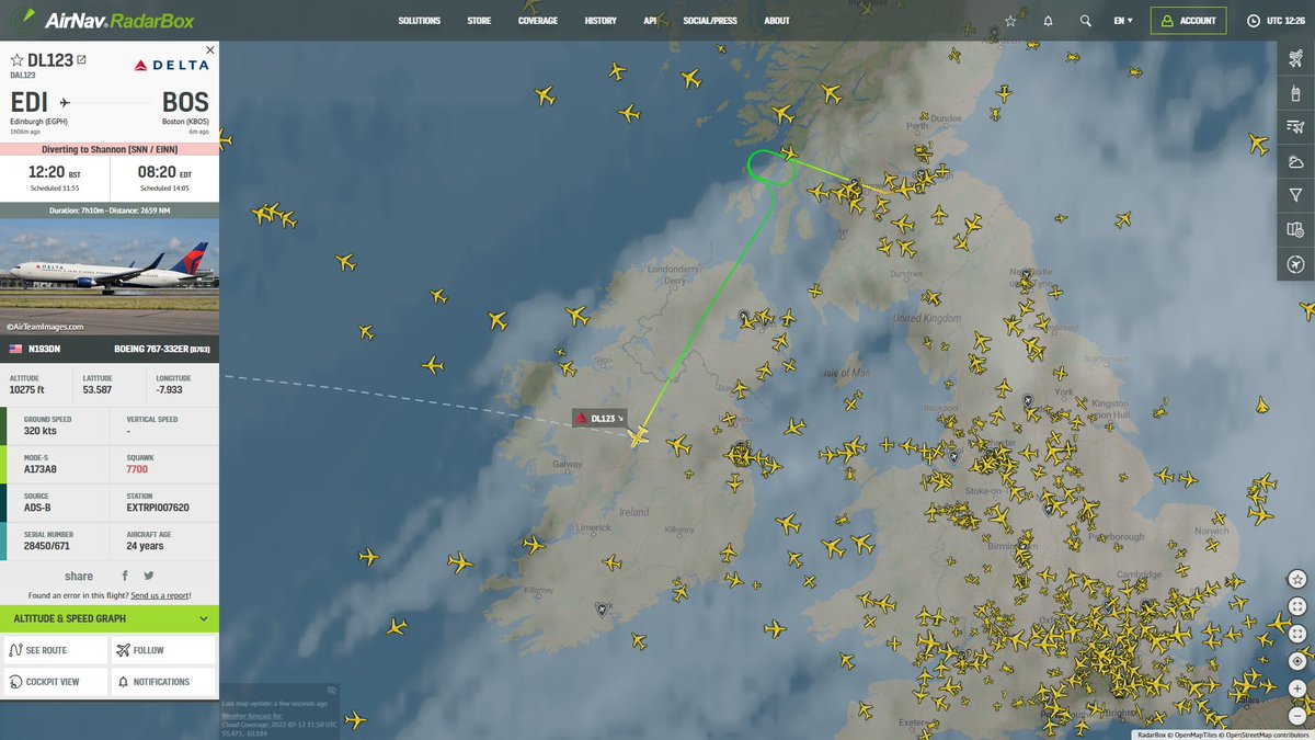 AirNavRadar's tweet photo. Delta Air Lines flight #DL123 from #Edinburgh to #Boston is declaring an emergency and diverting to #Shanon: https://t.co/jlvW4GmyoD ✈️

#DeltaAirLines #Emergency #Squawk7700 https://t.co/9OpajwSU8L